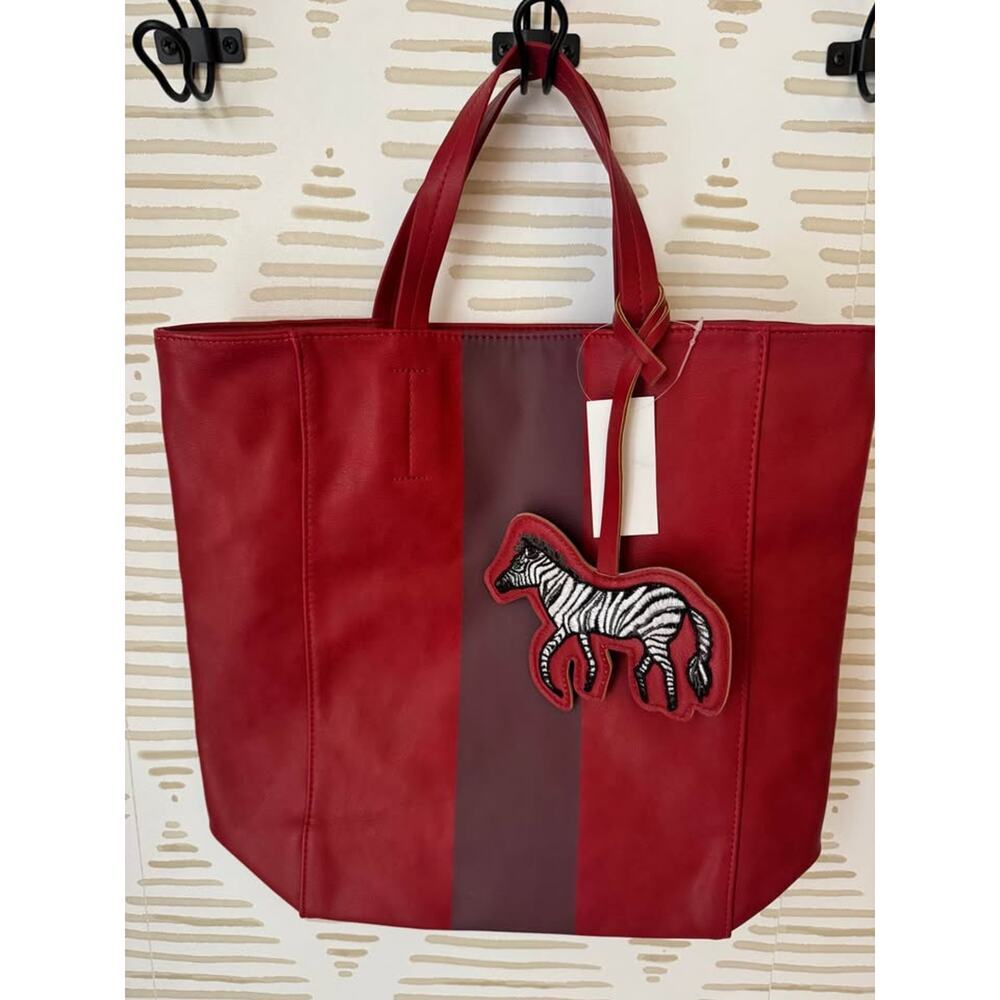 NWT Saks Fifth Avenue Red Faux Leather Zebra Charm Tote Bag Purse